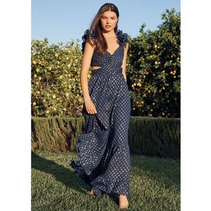 NWT VICI collection shimmer chiffon ruffled cutout maxi dress gown navy x large